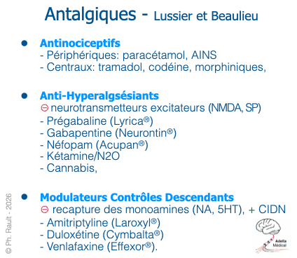 Classification des antalgiques selon Lussier et Beaulieu : antinociceptifs (paracétamol, AINS, tramadol, morphiniques), anti-hyperalgésiants (prégabaline, gabapentine, néfopam, kétamine, cannabis) et modulateurs des contrôles descendants (amitriptyline, duloxétine, venlafaxine)