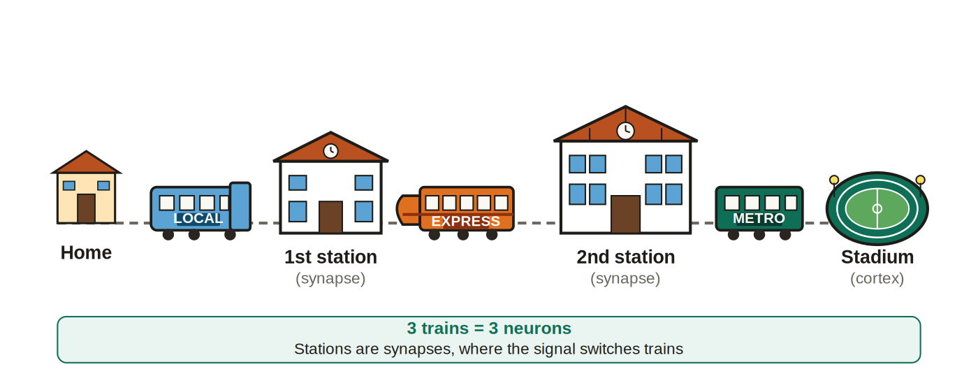 Diagram of the fans' journey: home, local train, regional station, high-speed train, main terminal, city metro, The Big Stadium
