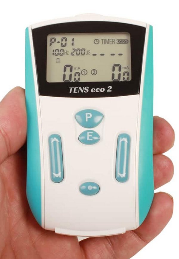 Appareil TENS Eco 2 de Schwa-Medico — dispositif blanc et turquoise de neurostimulation électrique transcutanée à 2 canaux indépendants